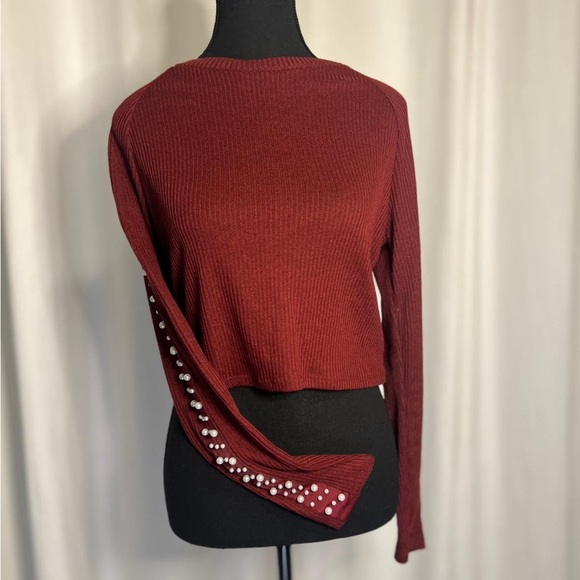 H&M Tops - H&M Burgundy Long Sleeve Top with Pearl Details